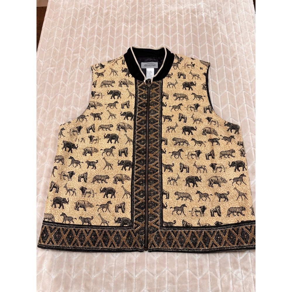 Stonebridge Women's Vest L Safari Animal Print Beaded Trim Full Zip Linen Blend - Picture 8 of 12